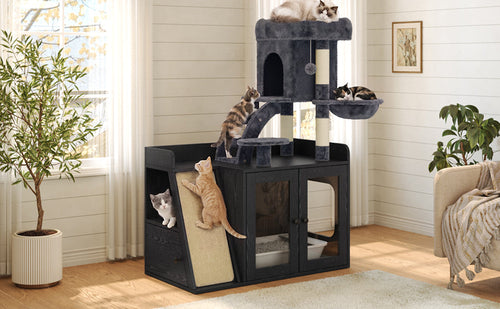Hidden Litter Box Enclosure with Cat Tree, LED Light, Sisal Scratching