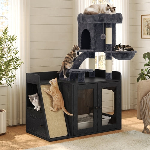 Hidden Litter Box Enclosure with Cat Tree, LED Light, Sisal Scratching
