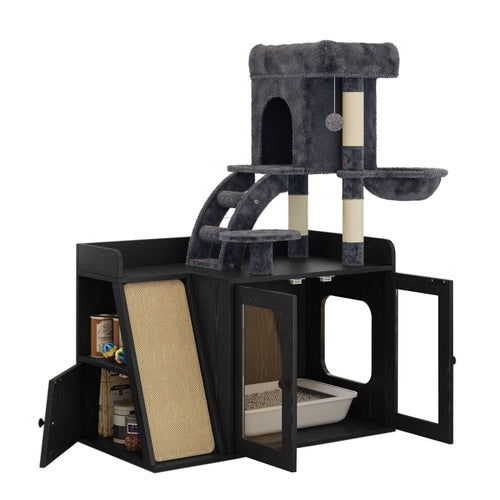 Hidden Litter Box Enclosure with Cat Tree, LED Light, Sisal Scratching