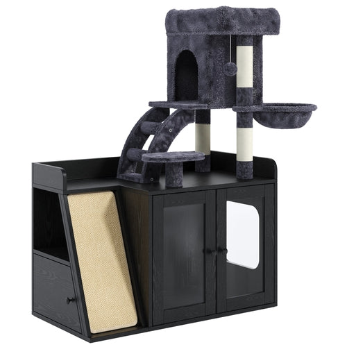 Hidden Litter Box Enclosure with Cat Tree, LED Light, Sisal Scratching