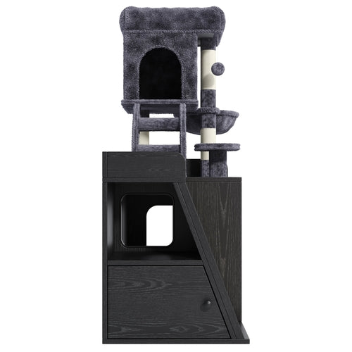 Hidden Litter Box Enclosure with Cat Tree, LED Light, Sisal Scratching
