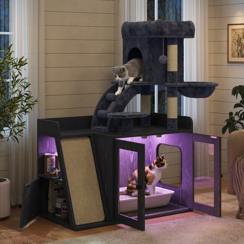 Hidden Litter Box Enclosure with Cat Tree, LED Light, Sisal Scratching