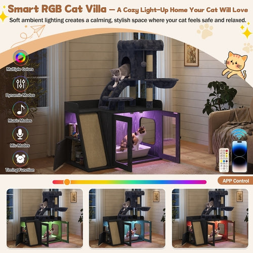 Hidden Litter Box Enclosure with Cat Tree, LED Light, Sisal Scratching