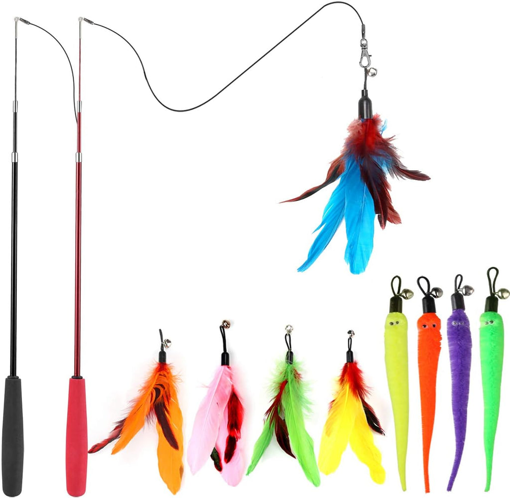 Retractable Wand Cat Toy with Feather Refills (11-Piece Set)