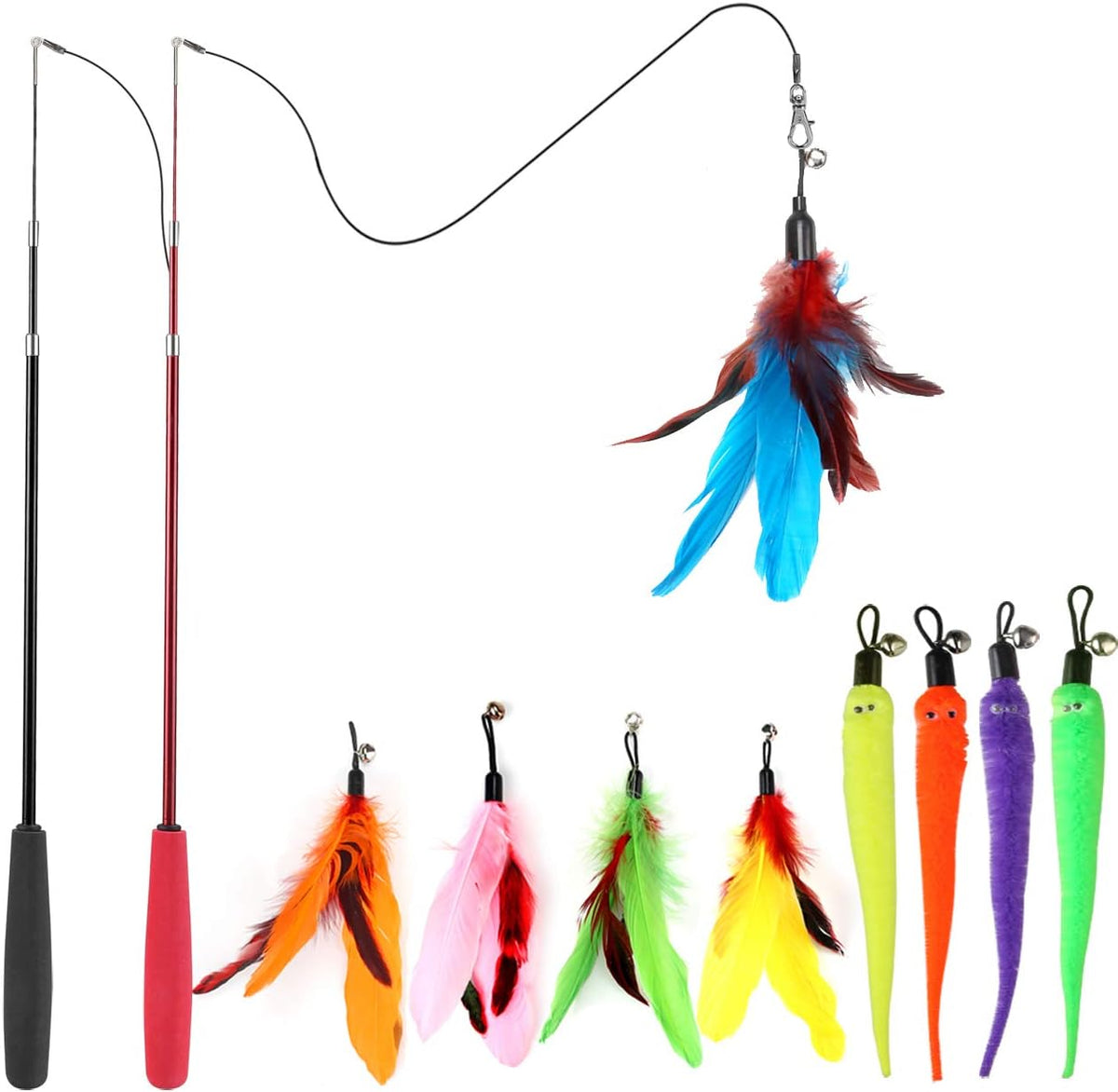 Retractable Wand Cat Toy with Feather Refills (11-Piece Set)