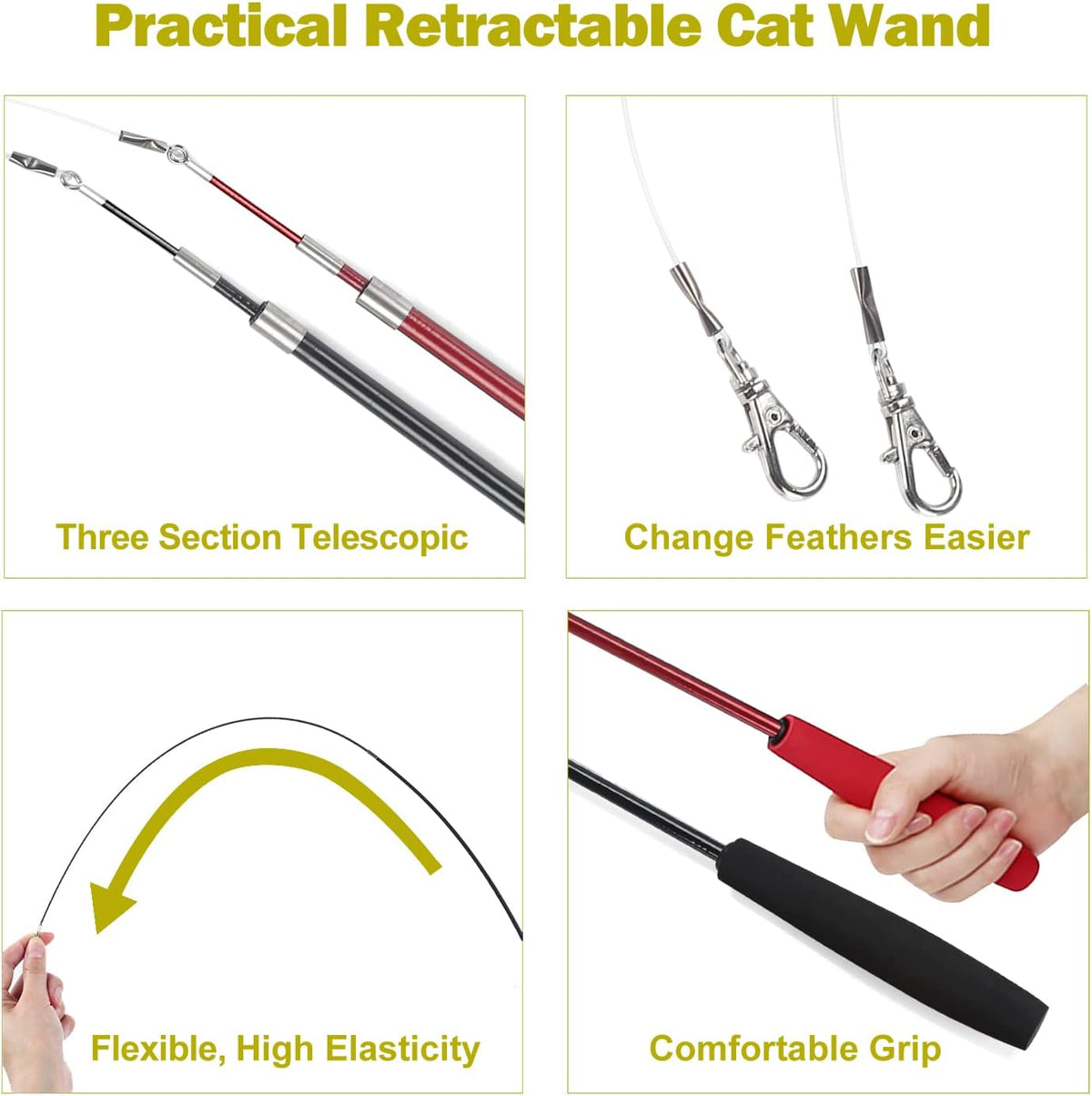 Retractable Wand Cat Toy with Feather Refills (11-Piece Set)