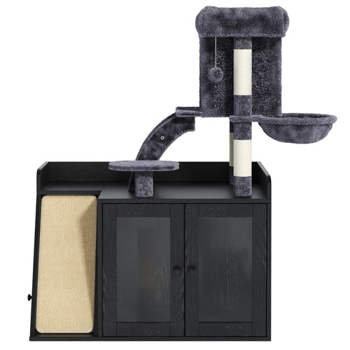 Hidden Litter Box Enclosure with Cat Tree, LED Light, Sisal Scratching