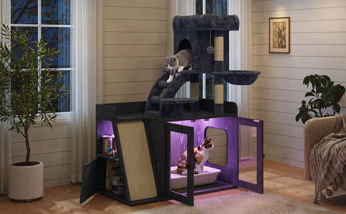 Hidden Litter Box Enclosure with Cat Tree, LED Light, Sisal Scratching