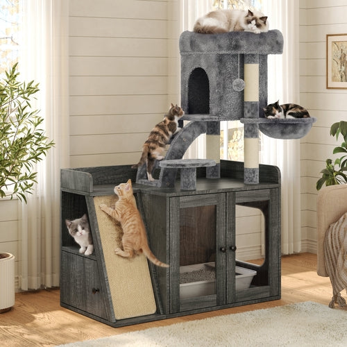 Hidden Litter Box Enclosure with Cat Tree, LED Light, Sisal Scratching