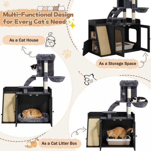 Hidden Litter Box Enclosure with Cat Tree, LED Light, Sisal Scratching
