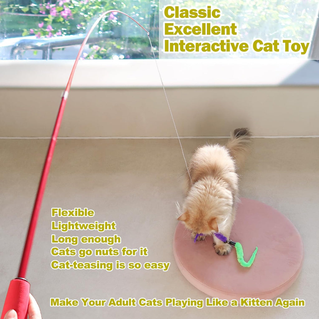 Retractable Wand Cat Toy with Feather Refills (11-Piece Set)