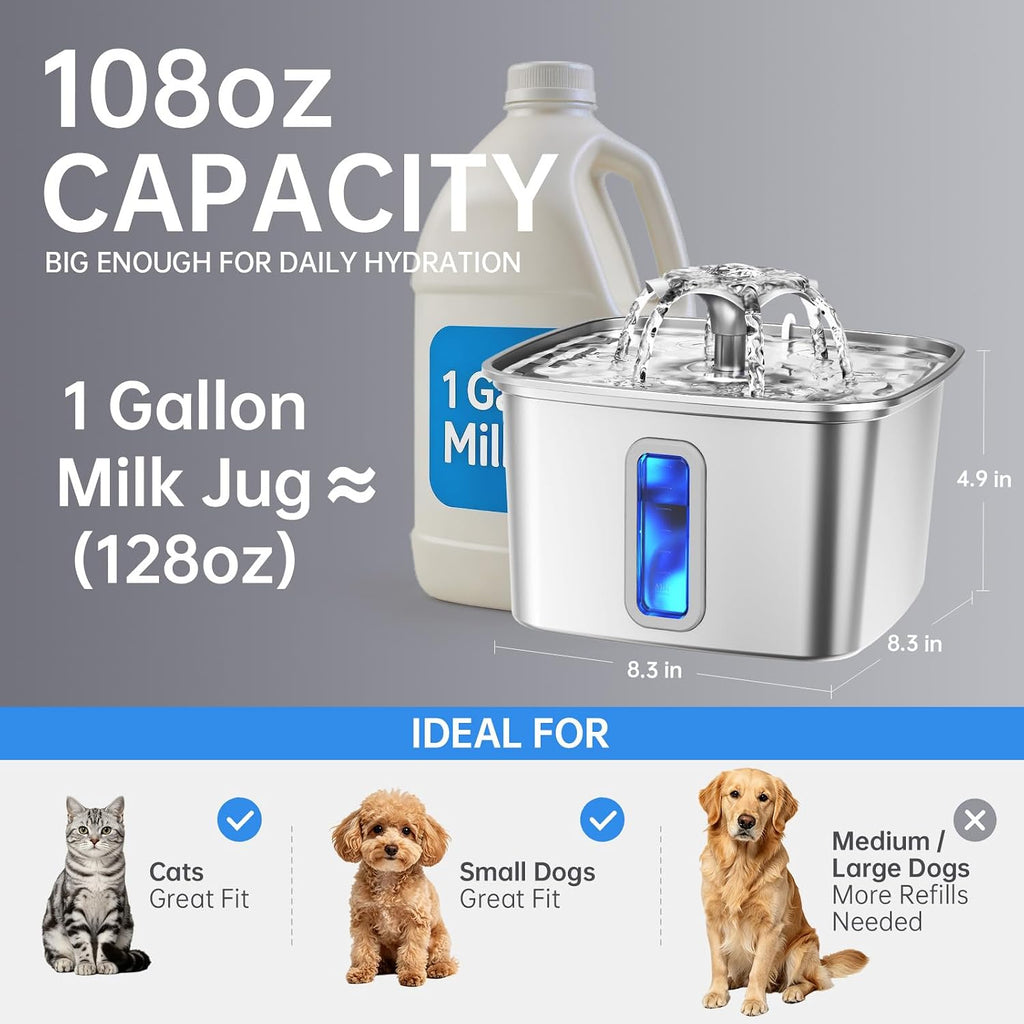 Veken Stainless Steel Cat Water Fountain 3.2L