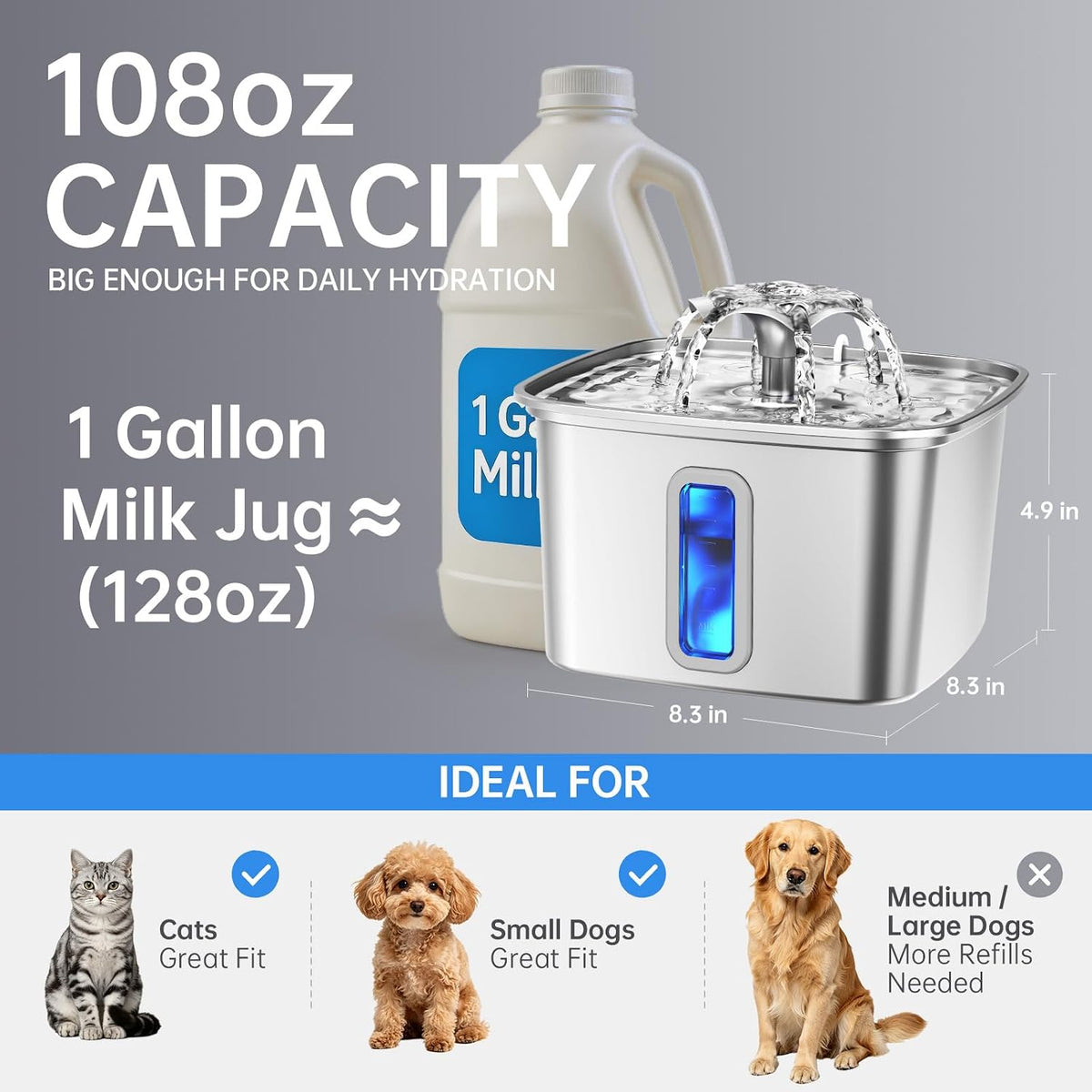 Veken Stainless Steel Cat Water Fountain 3.2L