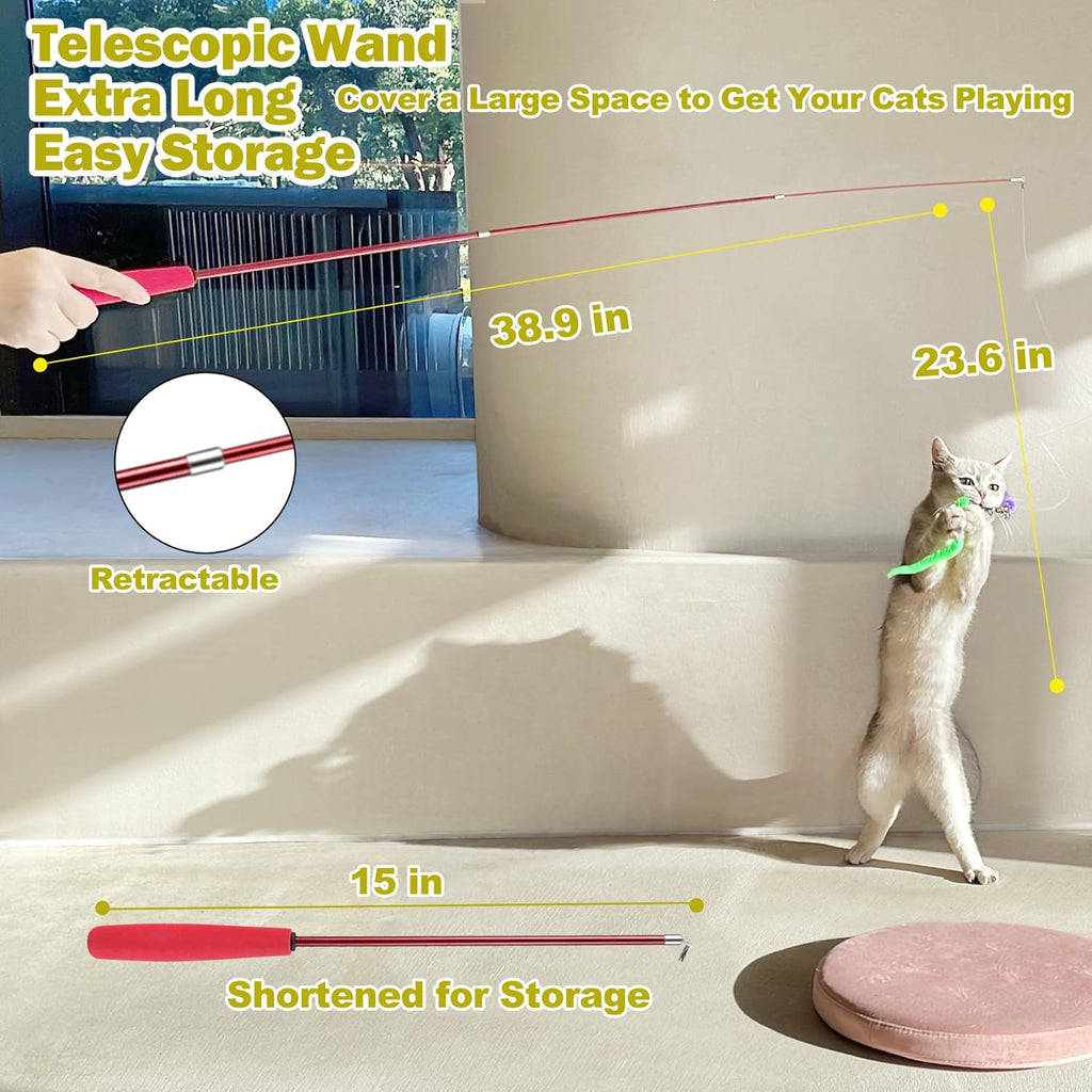 Retractable Wand Cat Toy with Feather Refills (11-Piece Set)