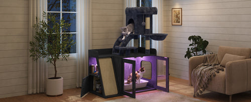 Hidden Litter Box Enclosure with Cat Tree, LED Light, Sisal Scratching