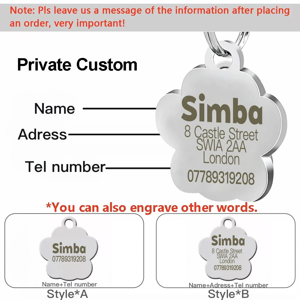 Free Personalized Dog Cat Plate Tags Engraved Puppy Pet ID Name Collar Tag Alloy Paw Glitter Pendant Pets Dogs Accessories