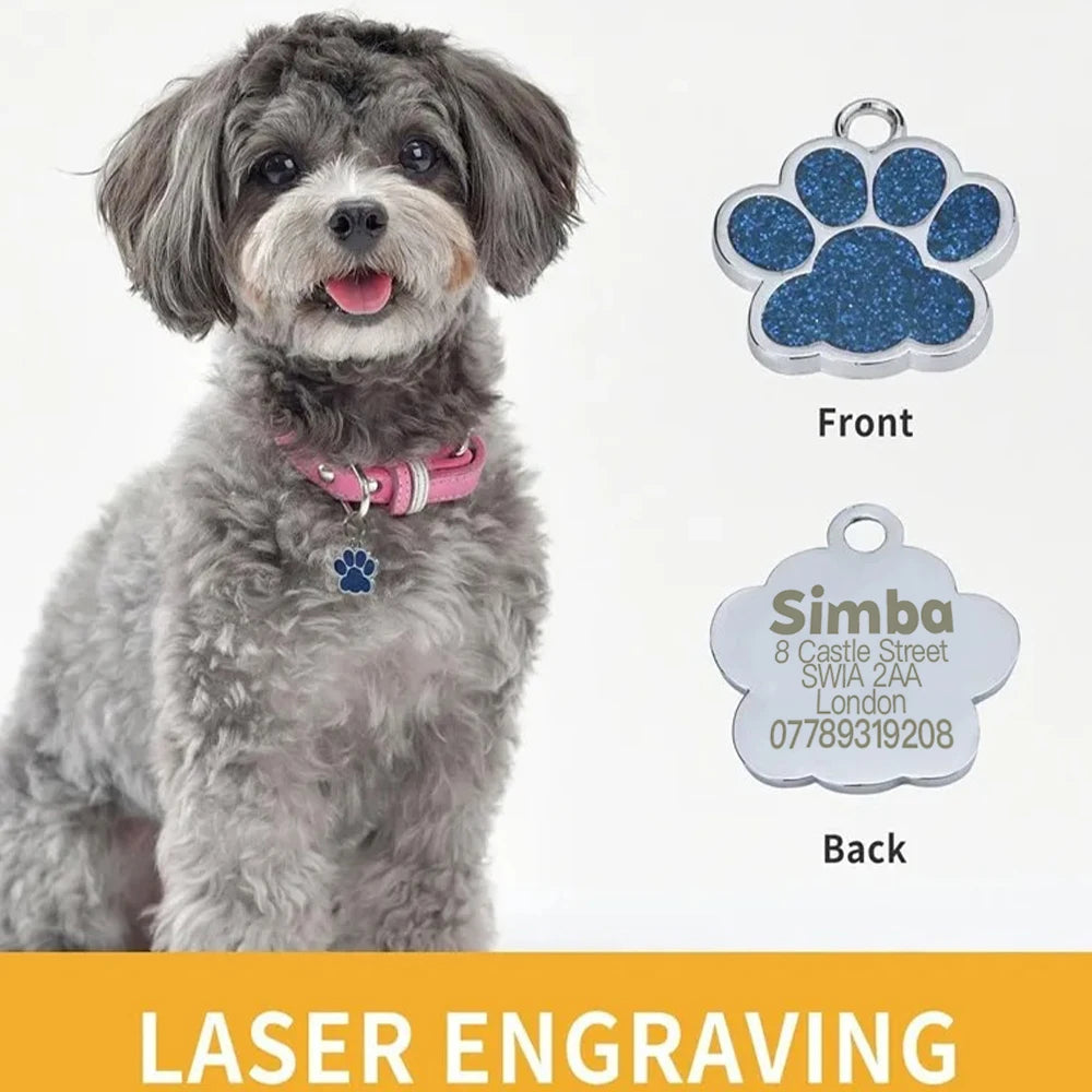 Free Personalized Dog Cat Plate Tags Engraved Puppy Pet ID Name Collar Tag Alloy Paw Glitter Pendant Pets Dogs Accessories