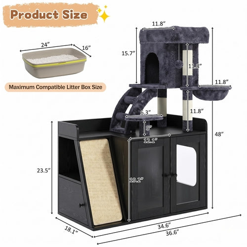 Hidden Litter Box Enclosure with Cat Tree, LED Light, Sisal Scratching
