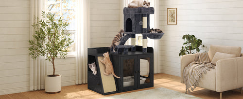 Hidden Litter Box Enclosure with Cat Tree, LED Light, Sisal Scratching