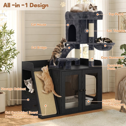 Hidden Litter Box Enclosure with Cat Tree, LED Light, Sisal Scratching