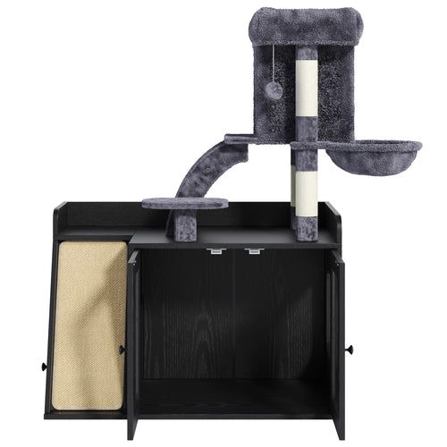 Hidden Litter Box Enclosure with Cat Tree, LED Light, Sisal Scratching